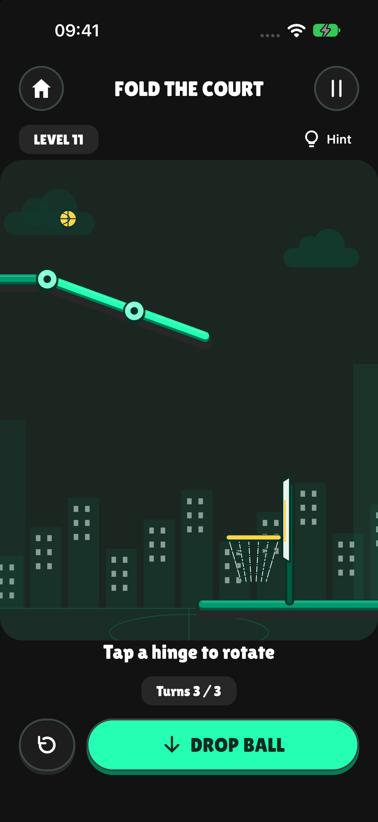 Fold the Court gameplay with hinged green platforms and a basketball